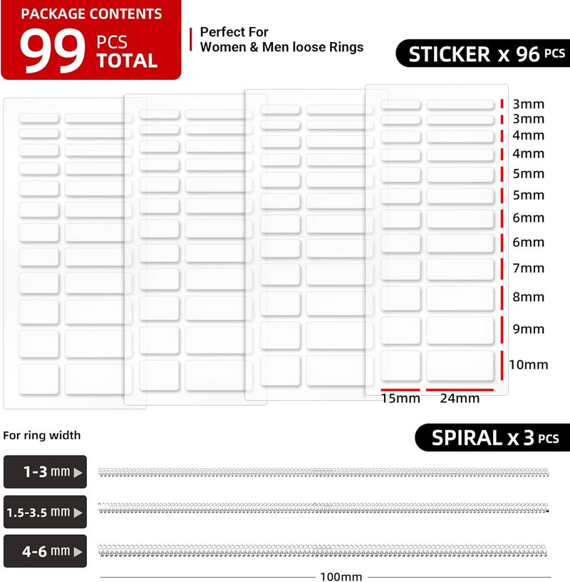Omilly Ring Size Adjuster for Loose Rings, 11 Sizes Invisible Ring Guards & Spacers, 99 Pcs Ring Sizer Reducer Fits Width 1-10mm for Women Men - Image 3